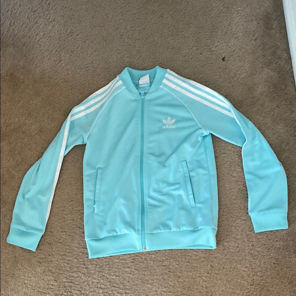 Adidas Aqua Blue Track Jacket with White Stripes